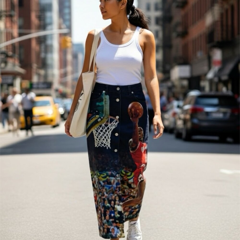 Air Jordan Graphic Print Denim Midi Skirt • Size S